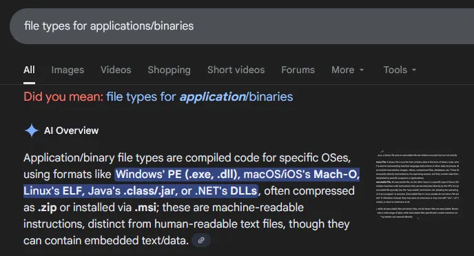 File types for applications/binaries